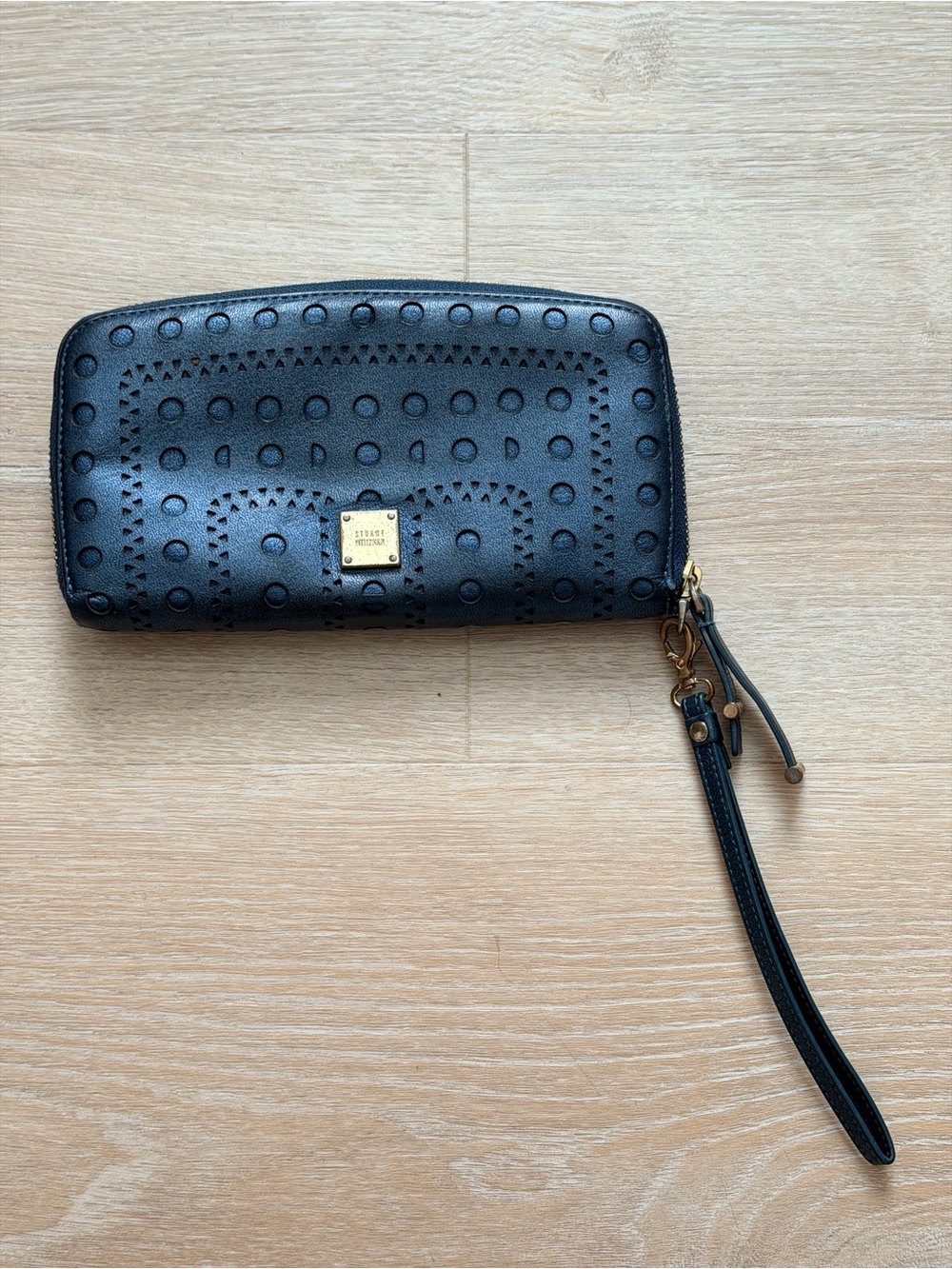 RARE Stuart Weitzman Perforated Leather Wallet Wristlet Navy Blue Zip Around